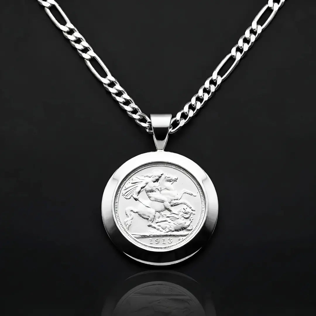 1913 Sovereign Coin Pendant Necklace in Silver Rhodium Plated Tarnish-Proof Finish with Figaro Chain