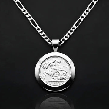 1913 Sovereign Coin Pendant Necklace in Silver Rhodium Plated Tarnish-Proof Finish with Figaro Chain