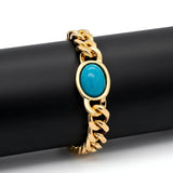 22CM X 12MM 18K Gold Filled Tarnish-Proof Cuban Link Chain Bracelet with Turquoise Oval Stone