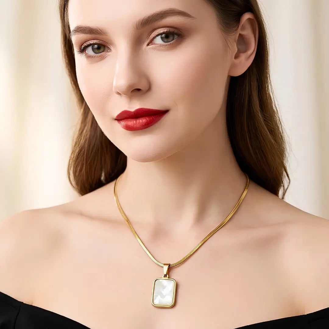 48CM 18K Gold Filled Double Sided Onyx & Mother of Pearl Reversible Rectangular Pendant Necklace | Tarnish Proof Gold Snake Chain