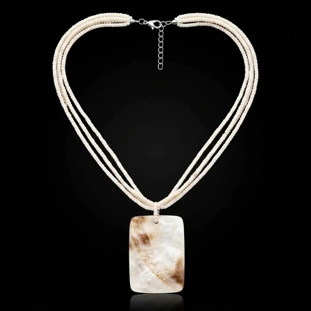 48CM + 5CM Extension Multi-Strand Cream Beaded Necklace with Rectangular Shell Pendant