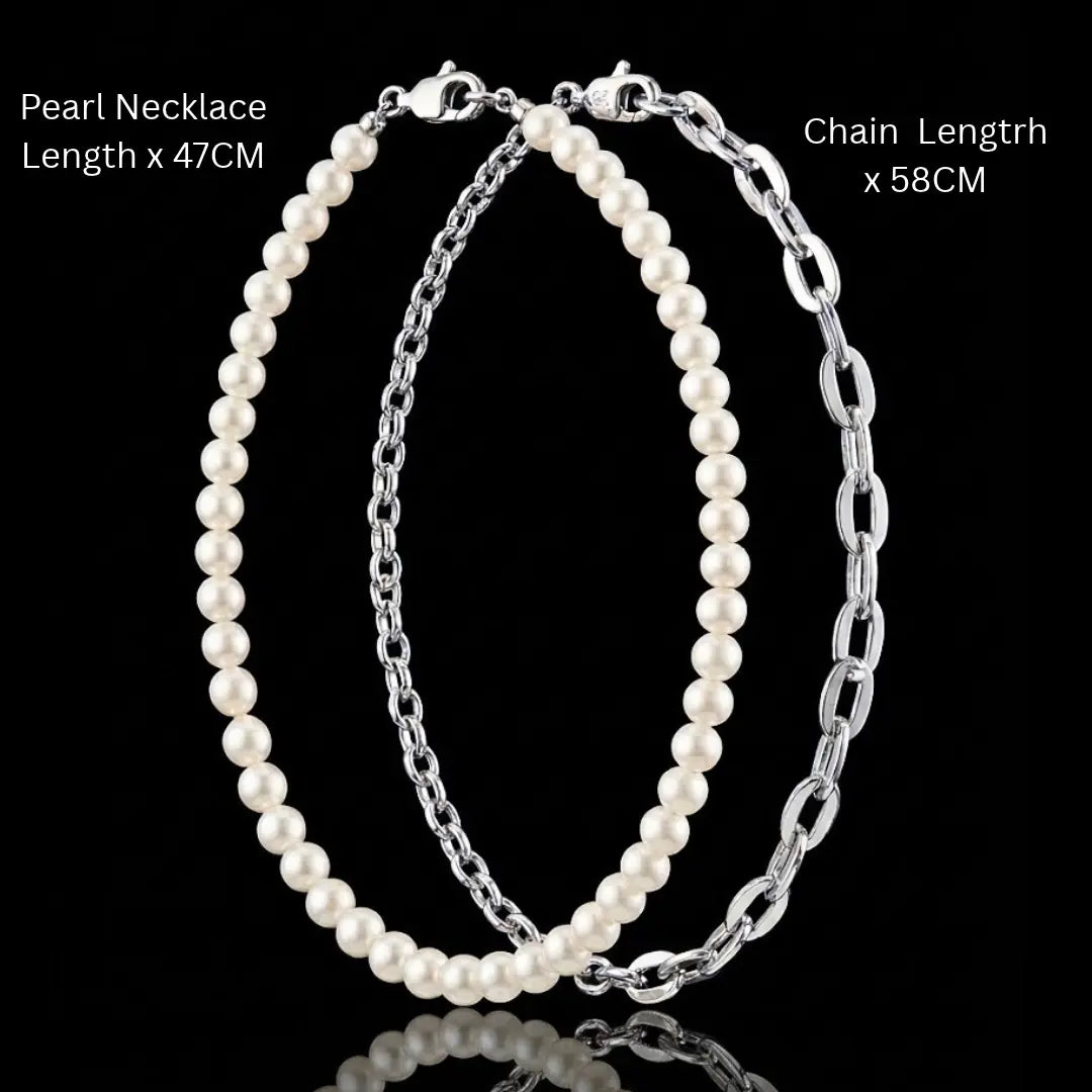 Men's Layered Pearl & Silver Paperclip Chain Necklace Set | Modern Unisex Jewelry