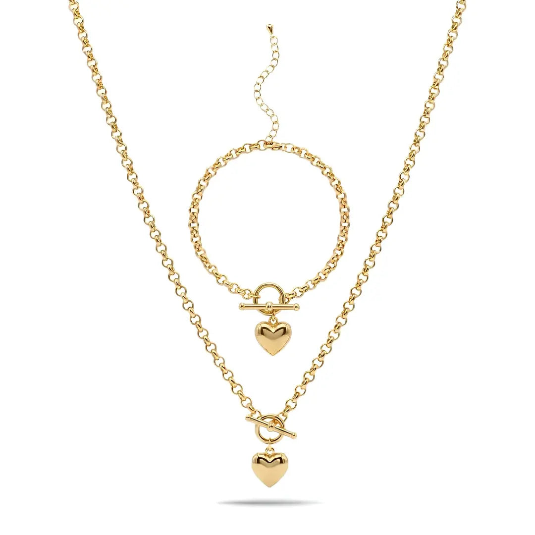 14K Gold Filled Heart Pendant Toggle Necklace & Bracelet Set | Tarnish-Proof Jewelry