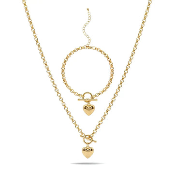 14K Gold Filled Heart Pendant Toggle Necklace & Bracelet Set | Tarnish-Proof Jewelry