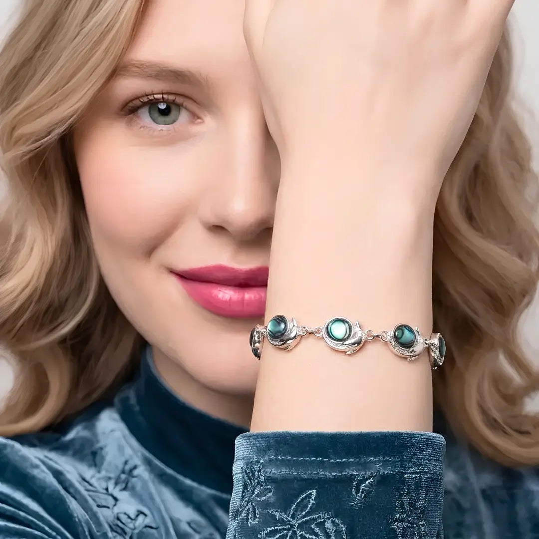 19CM Hawaiian Sterling Silver Abalone Dolphin Bracelet, Tarnish-Proof Ocean Jewelry