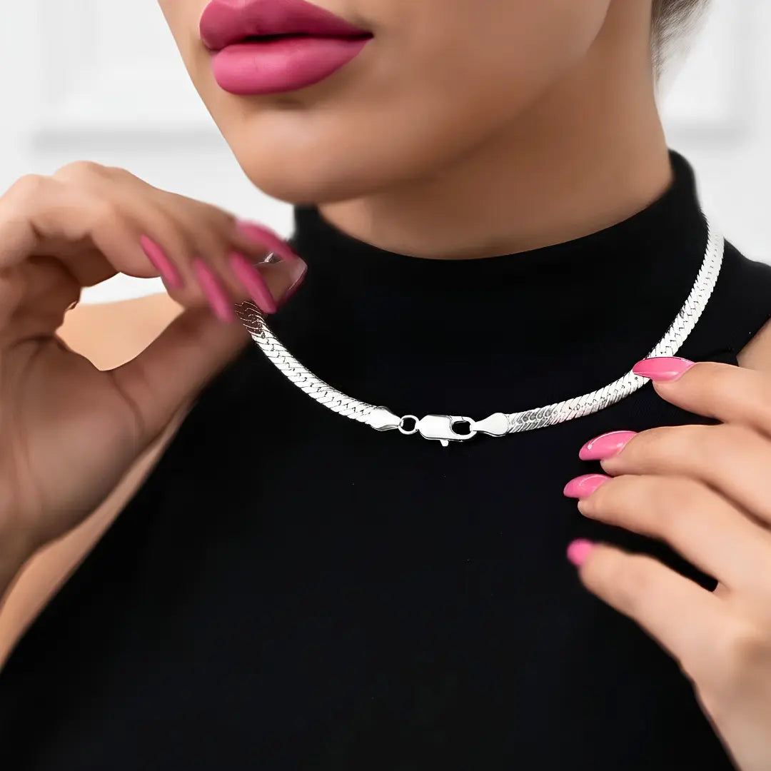925 Sterling Silver Herringbone Chain Necklace for Women Men - 5mm Flat Snake Chain - High Polish Shiny Flexible Smooth Sleek Collarbone Chain Jewelry (58cm Length, 5mm Width)