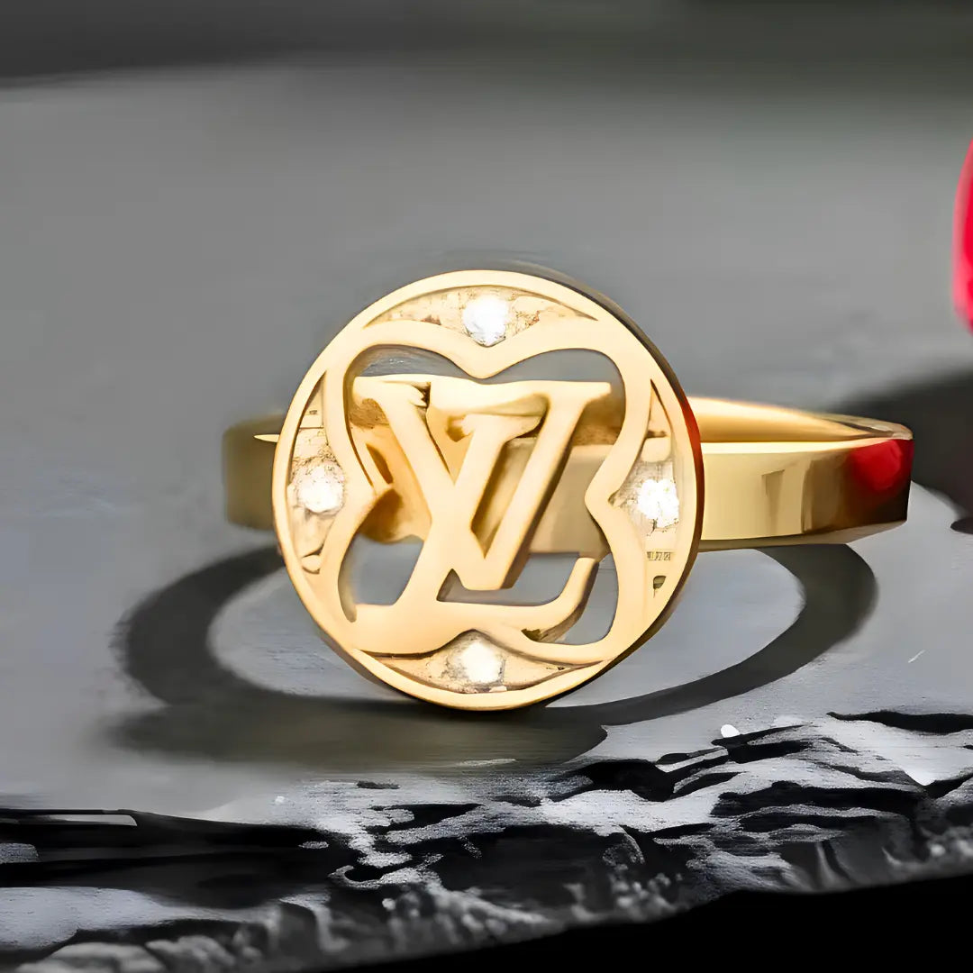 18K Gold Plated Monogram Monogram Cutout Ring – Cubic Zirconia Accent Floral Medallion Ring