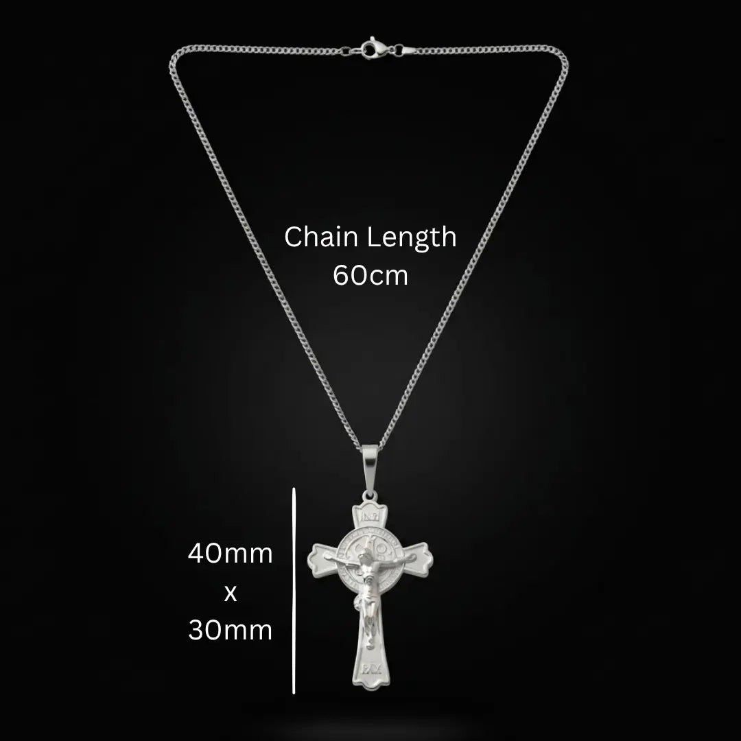 Silver Saint Benedict Crucifix Pendant Necklace with Snake Chain - 40x30mm
