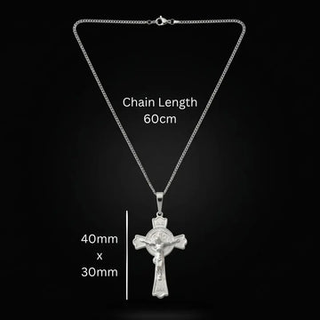 Silver Saint Benedict Crucifix Pendant Necklace with Snake Chain - 40x30mm