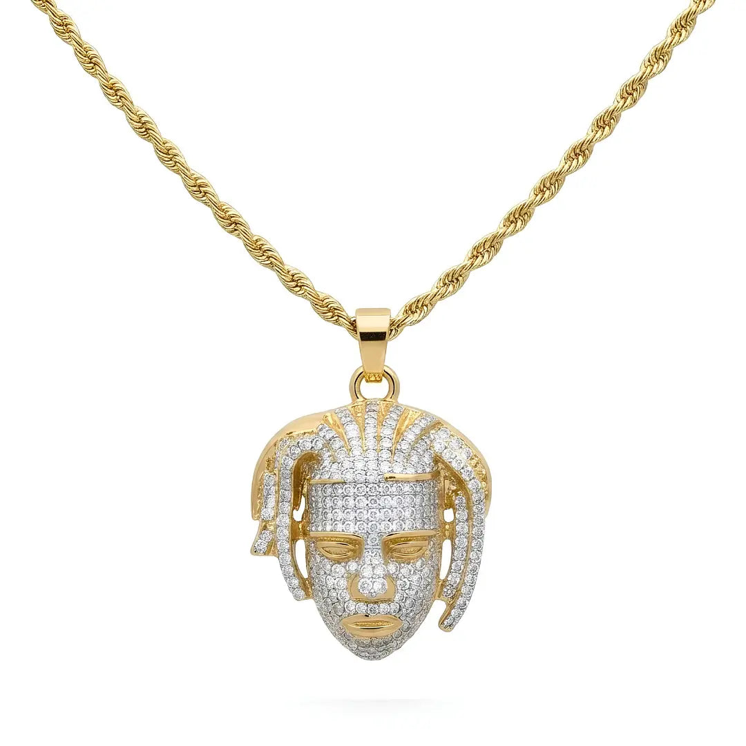 18K Gold Filled Iced Out Face Pendant Necklace with 64cm Rope Chain