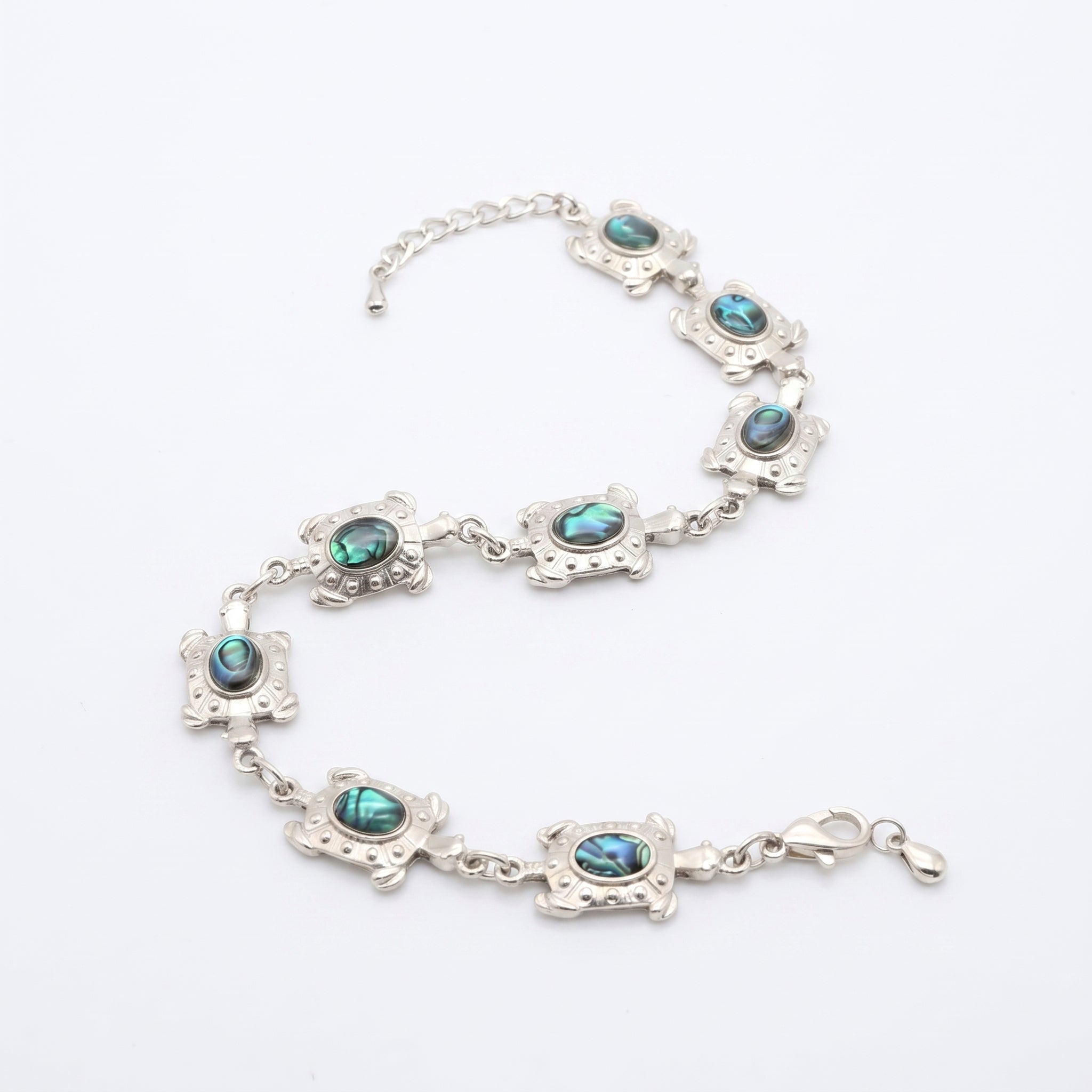 Silver Tortoise Paua Abalone Shell Station Link Bracelet – Coastal Sea Turtle Charm Bracelet