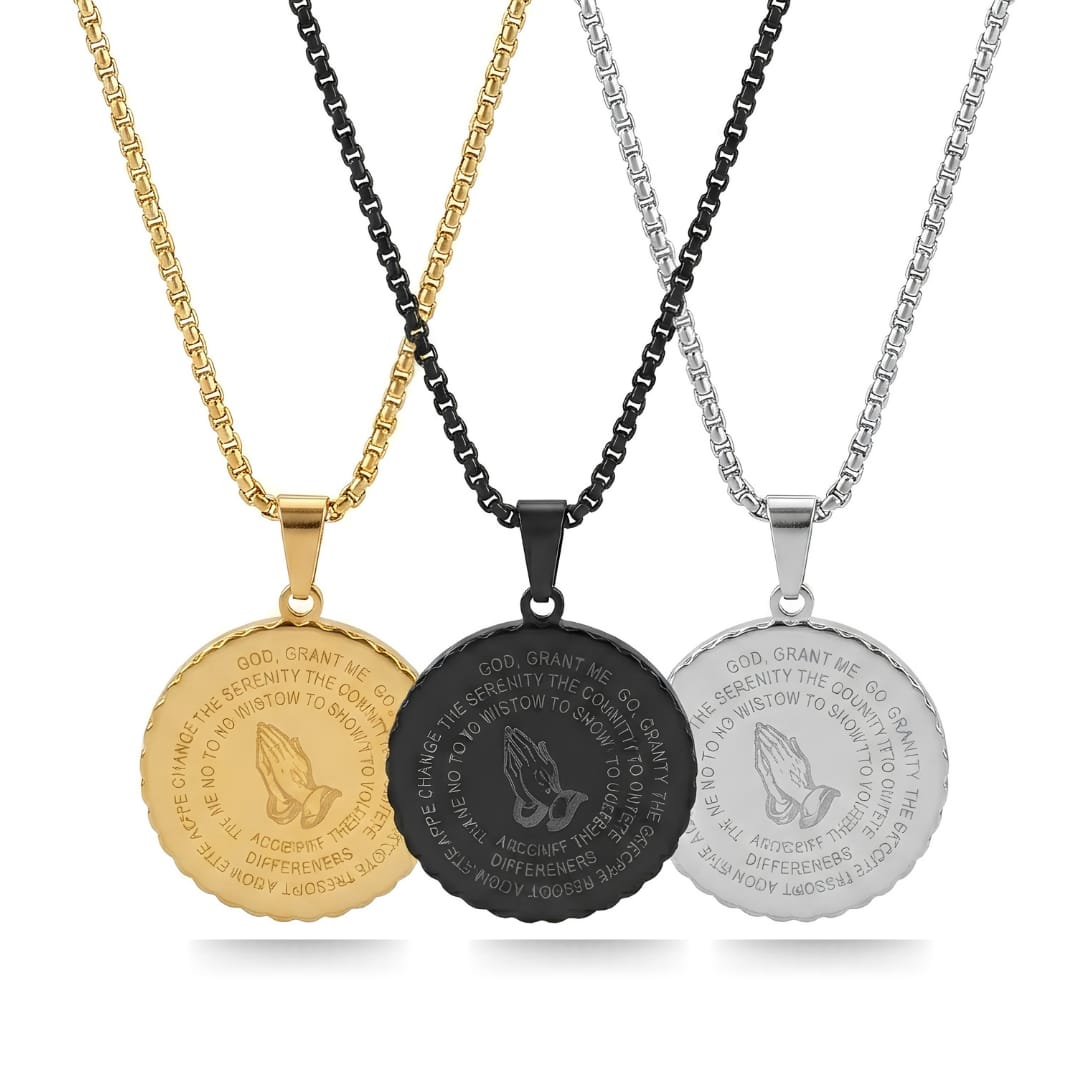 Serenity Prayer & Praying Hands Medallion Necklace (Black, Gold & Silver Tone) – 52cm Belcher Chain