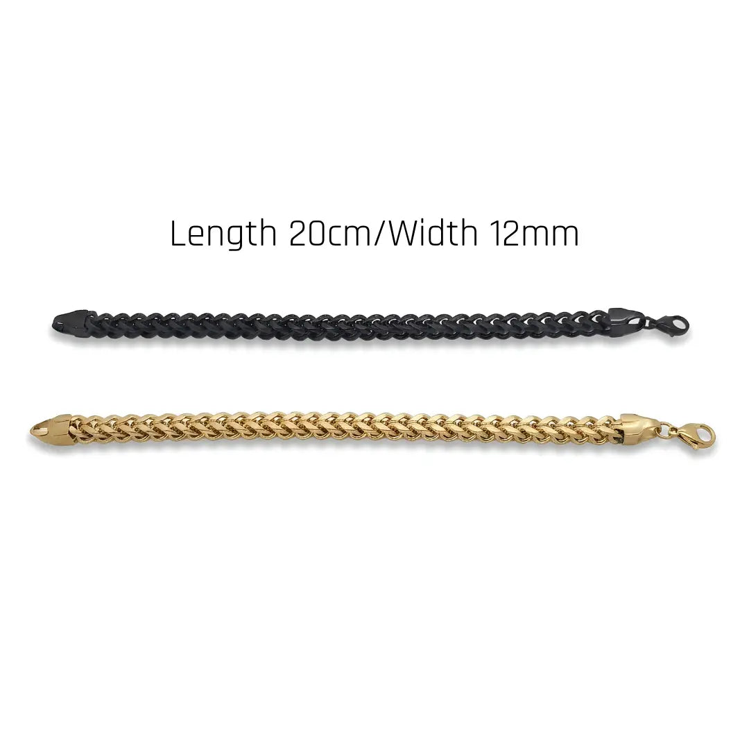 12mm Franco Chain Bracelet (20cm) – Tarnish-Proof Stainless Steel Bold Statement Wristband in Gold & Black