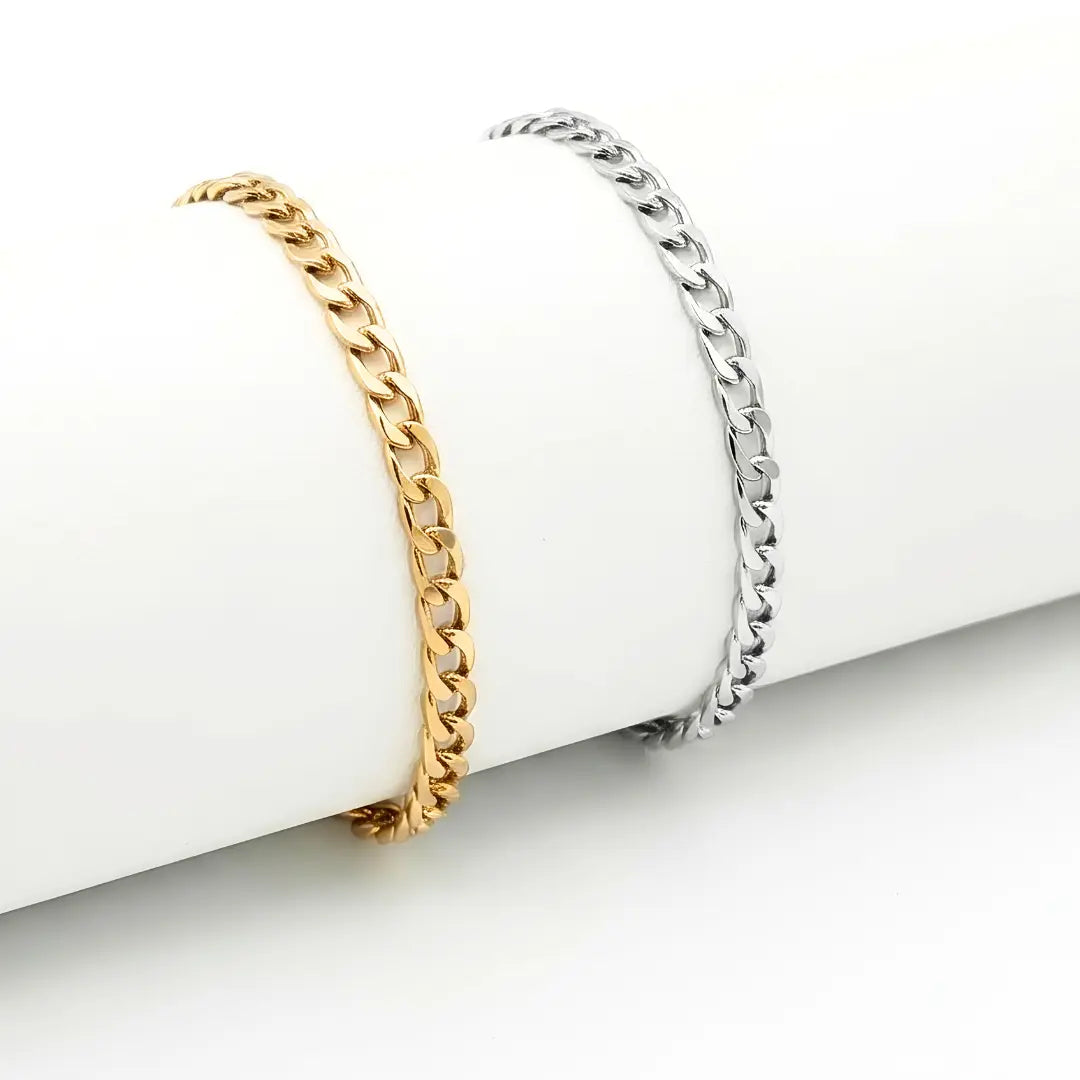 Cuban Link Chain Bracelet – 20cm 4mm Classic Curb Chain Bracelet in 18K Gold Filled & Polished Silver for Men & Women