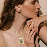 18K Gold Filled Holy Virgin Mary Rectangular Icon Pendant Necklace – Colored Enamel CZ Religious Medallion Figaro Chain Necklace for Women & Men