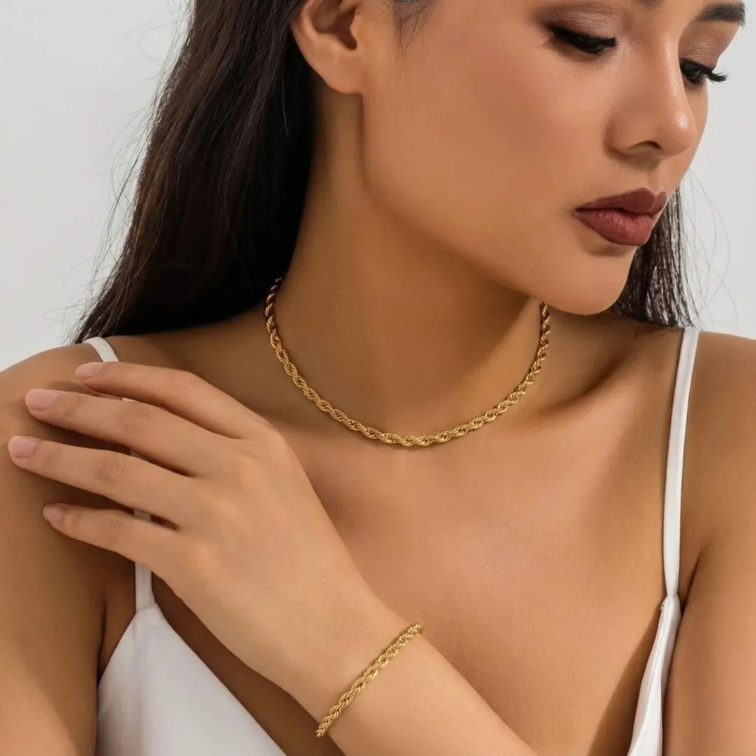 18K Gold Filled Twisted Chain Necklace & Bracelet Set