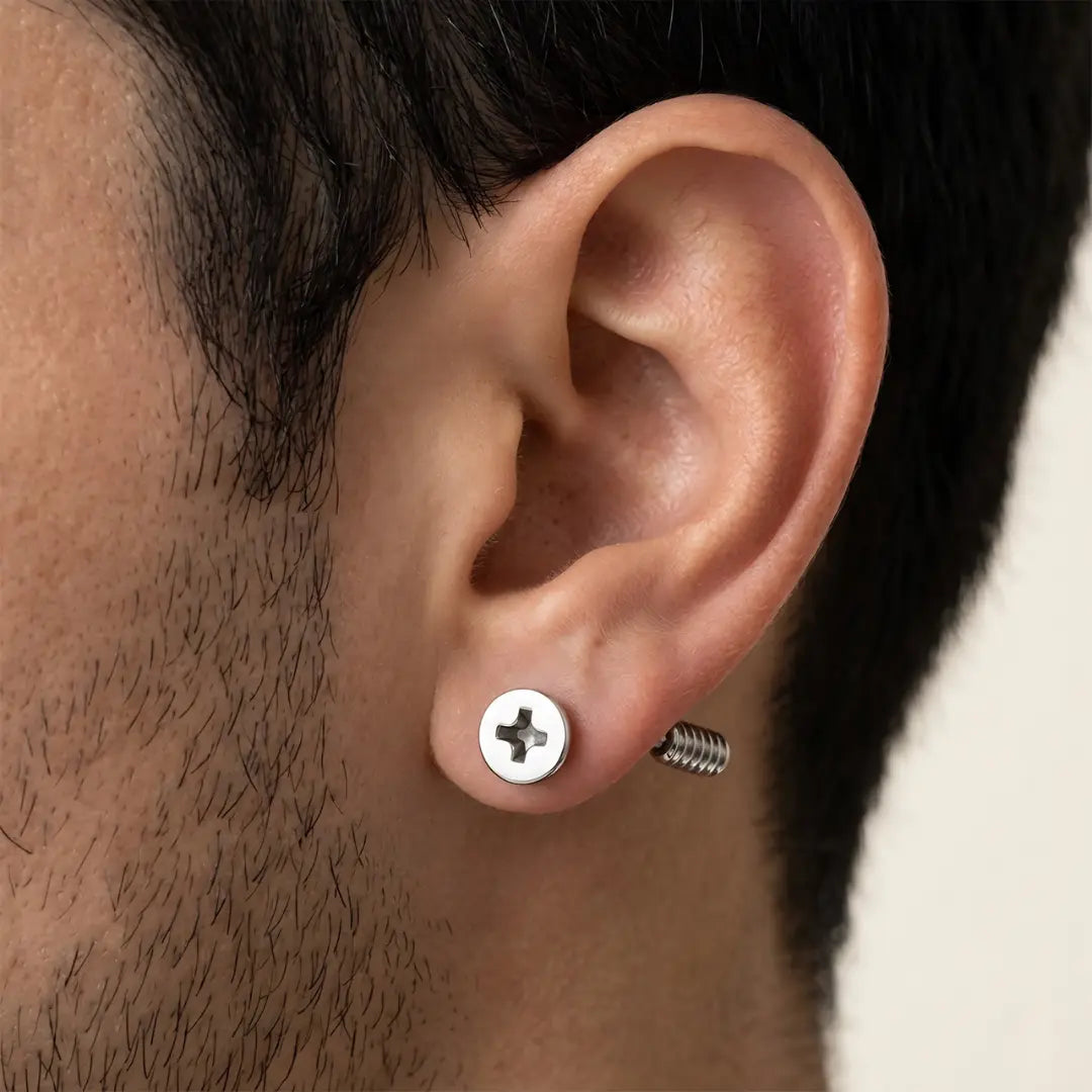 Men’s Silver Screw Design Stud Earrings 18mm