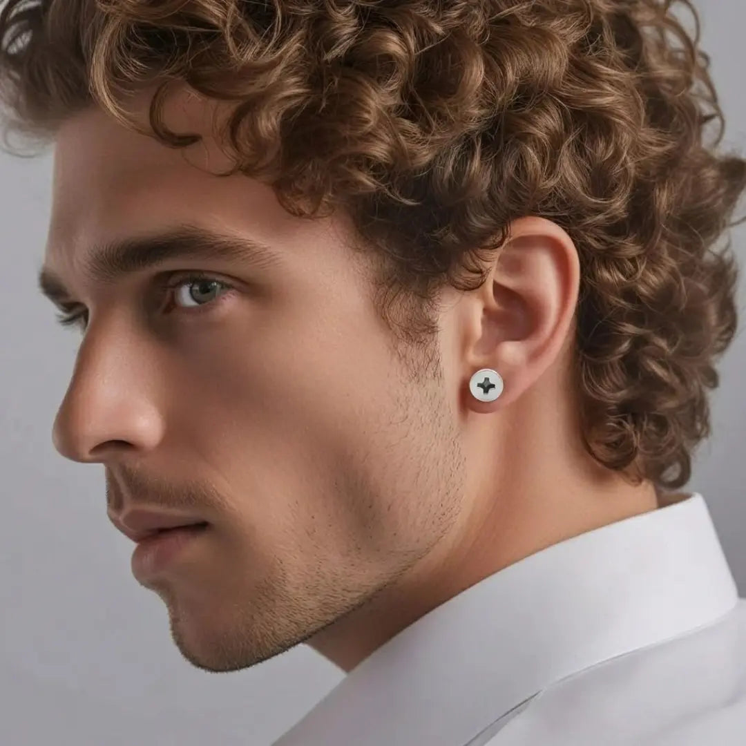 Men’s Silver Screw Design Stud Earrings 18mm