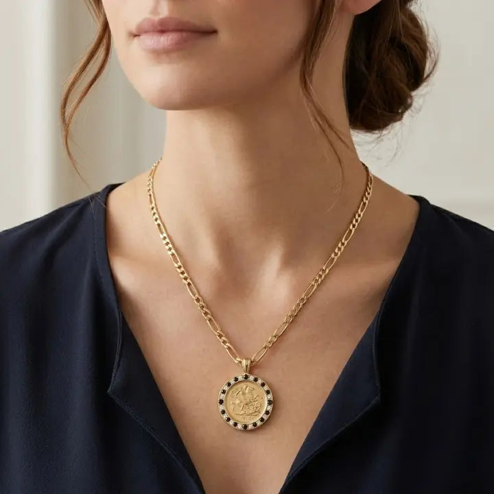 Gold Filled Tarnish Proof Sovereign Pendant with Black Stones & CZ