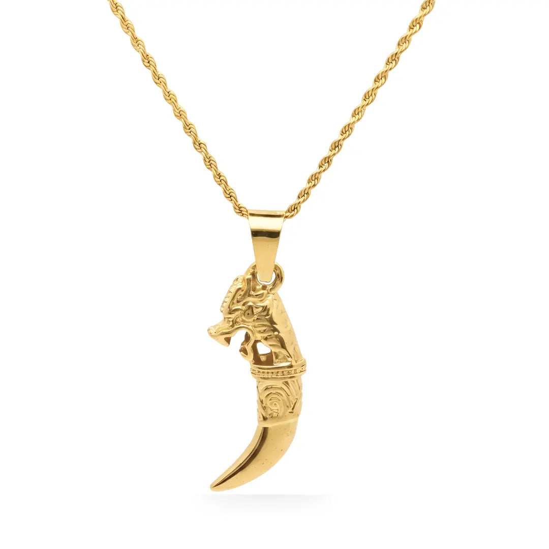 18K Gold Plated Dragon Tooth Pendant Necklace for Men – 54cm Rope Chain with 5cm Cable Extension & Lobster Clasp