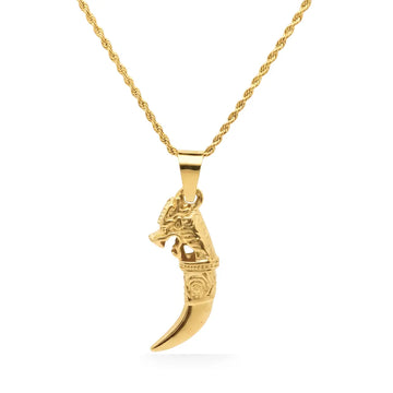 18K Gold Plated Dragon Tooth Pendant Necklace for Men – 54cm Rope Chain with 5cm Cable Extension & Lobster Clasp