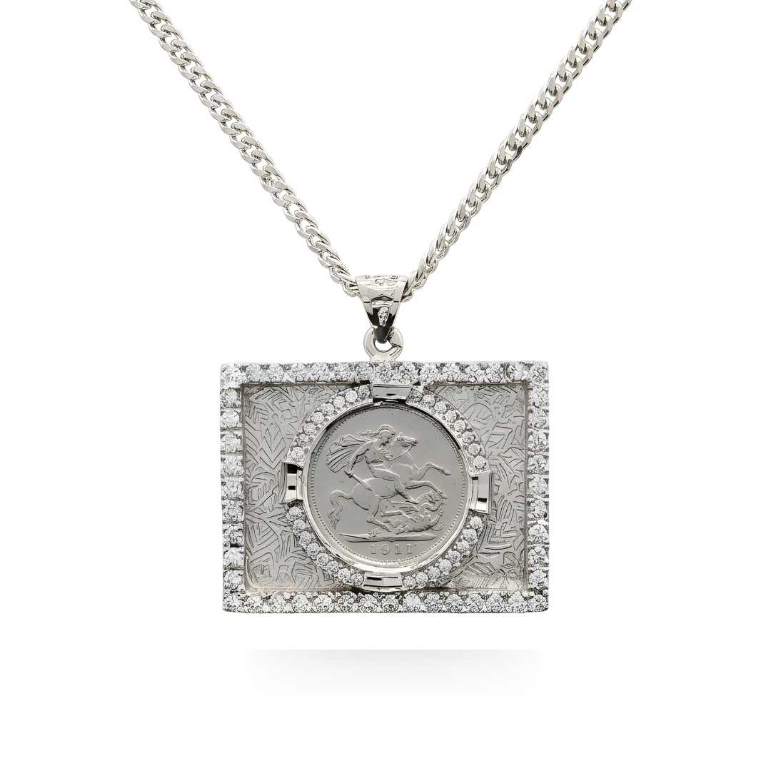 Silver Rhodium Plated Square Sovereign Pendant Necklace – 1911 St. George Coin with CZ Frame