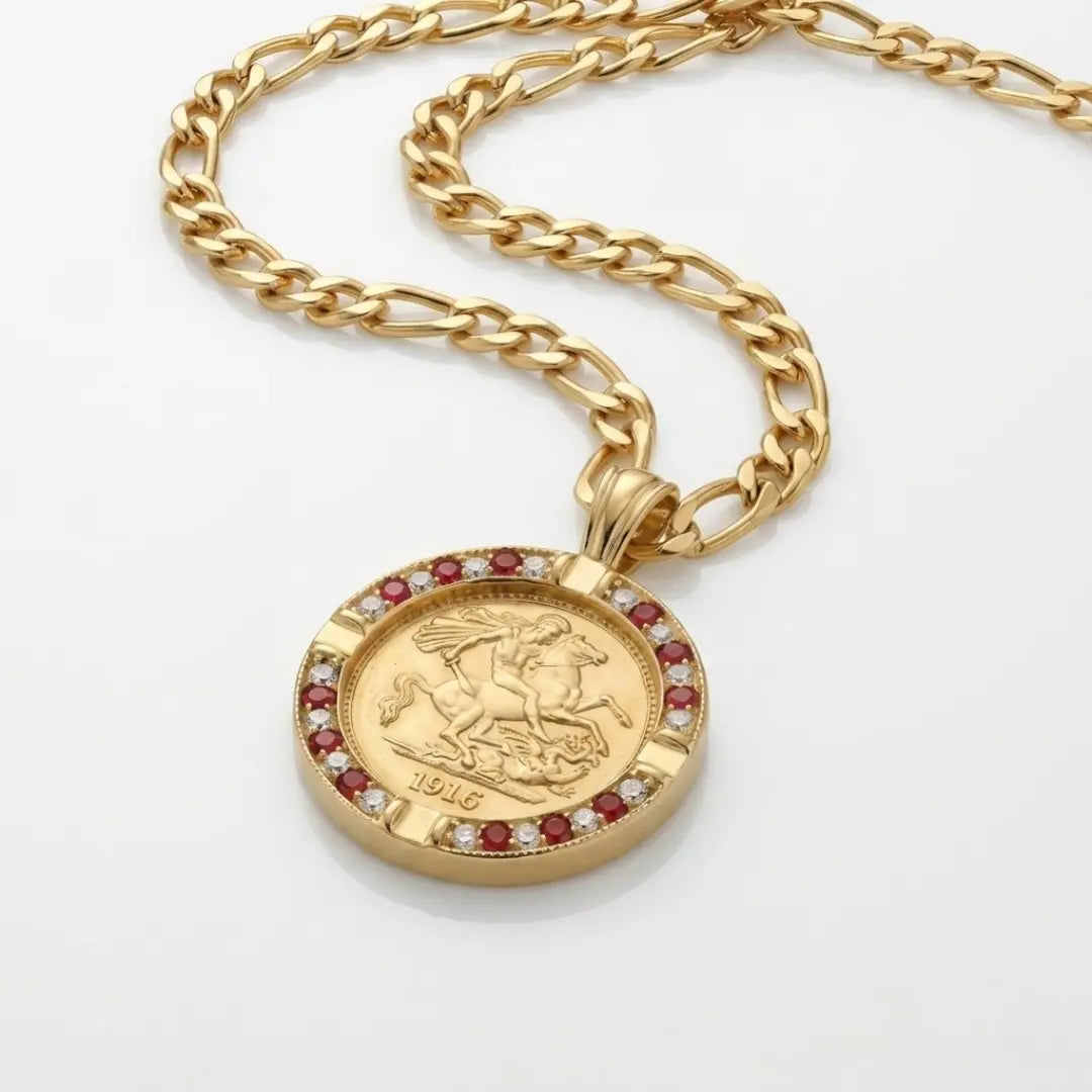 Gold Filled Customized Full Sovereign Pendant Necklace With Ruby & CZ