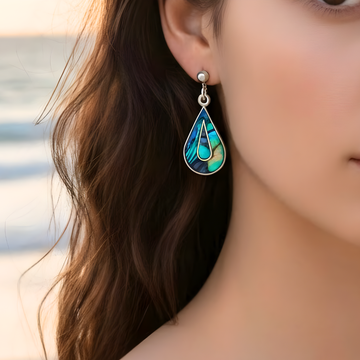 Natural Silver Paua Abalone Shell Teardrop Earrings – Ocean-Inspired Coastal Drop Earrings for Women