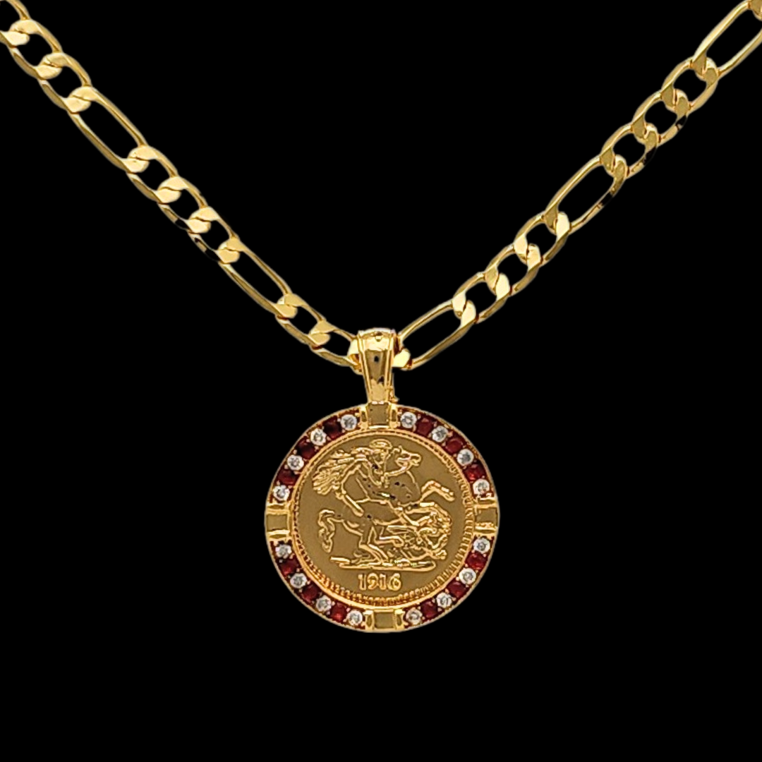Gold Filled Customized  Tarnish Proof Full Sovereign Pendant Necklace With Ruby & CZ