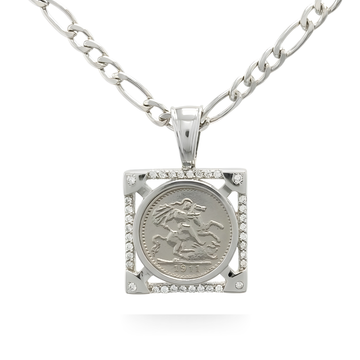 Silver Rhodium Plated Square Sovereign Pendant Necklace – 1911 St. George Coin with CZ Bezel