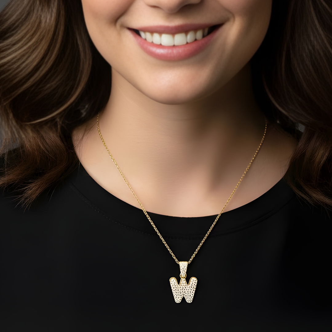 18K Gold Filled Iced Out Pavé Initial Letter Pendant Necklace – Sparkling CZ Alphabet Monogram Necklace for Women & Men