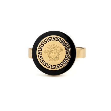 18K Gold Filled Medusa Head Ring – Black Enamel Greek Key Medallion Ring