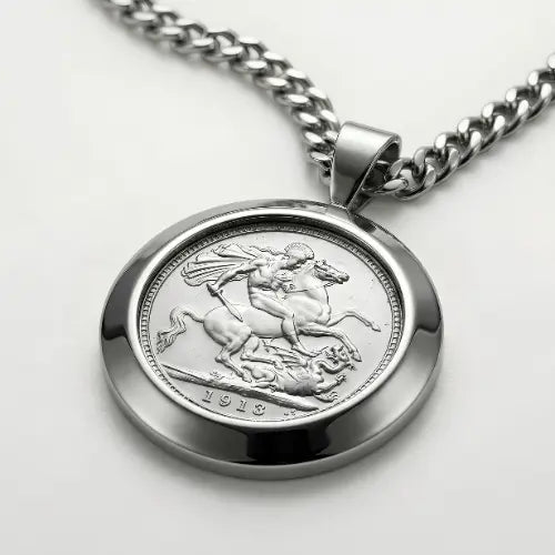 Silver Rhodium Plated Full Sovereign Pendant Necklace 1913