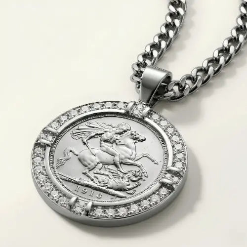 Silver  1913 Full Sovereign Pendant Necklace with Diamonds