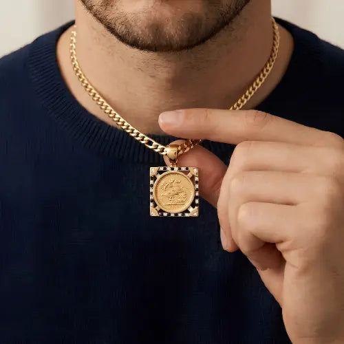 18K Gold Filled Square Sovereign With Black & White Diamonds