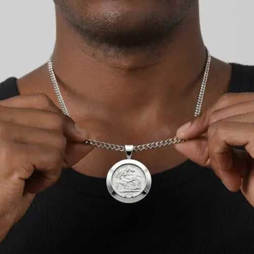 Silver Rhodium Plated Full Sovereign Pendant Necklace 1913