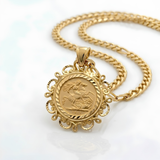 18K Gold Filled 1911 Sovereign Pendant Necklace with 60cm Cuban Link Chain – Filigree Bezel
