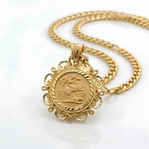 18K Gold Filled 1911 Sovereign Pendant Necklace with 60cm Cuban Link Chain