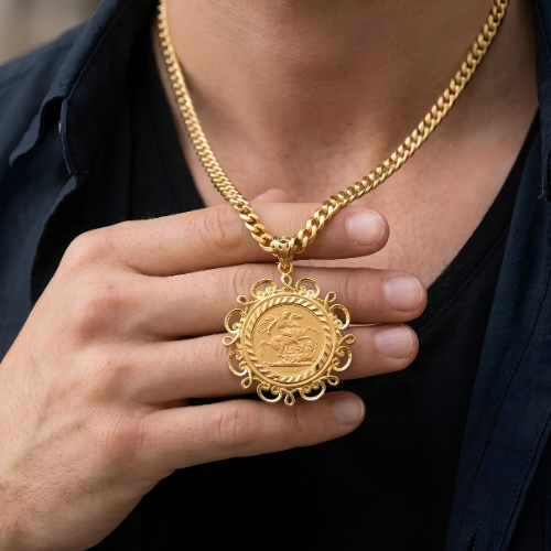 18K Gold Filled 1911 Sovereign Pendant Necklace with 60cm Cuban Link Chain