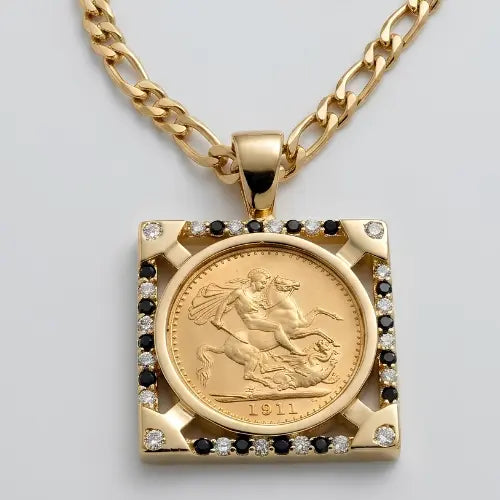 18K Gold Filled Square Sovereign With Black & White Diamonds