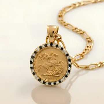18K Gold Filled Sovereign Pendant Necklace – 1916 St. George Coin with Black & Clear Stone Bezel