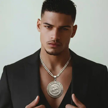 Silver Full Sovereign Coin Pendant Necklace – 1913 St. George & Dragon Coin with Greek Key Bezel & Pavé CZ Bail