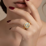 18K Gold Filled Oval Solitaire Script Motif Ring – Bezel-Set Oval Cubic Zirconia Statement Ring for Women