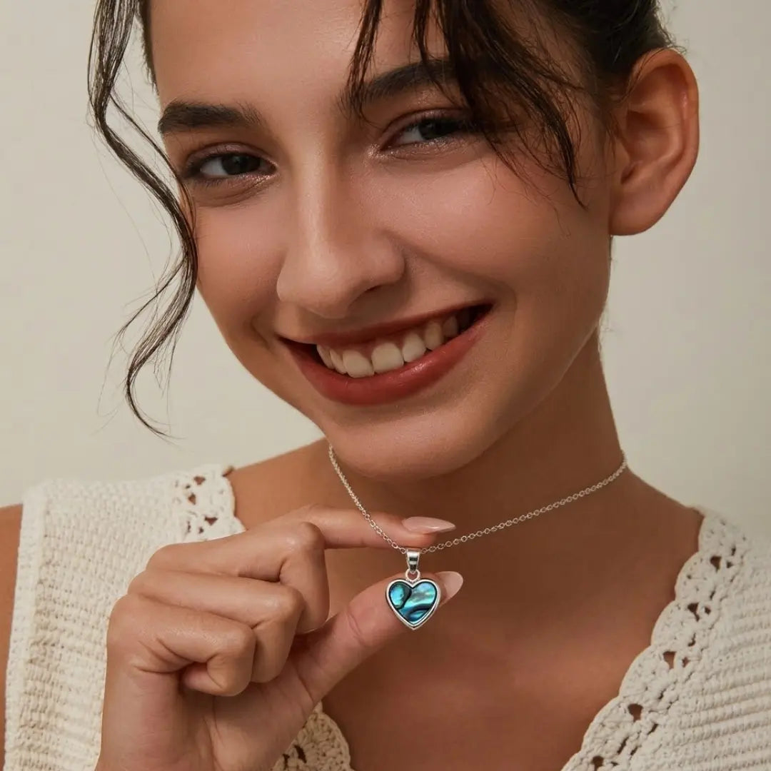 Silver Paua Shell Heart Pendant Necklace