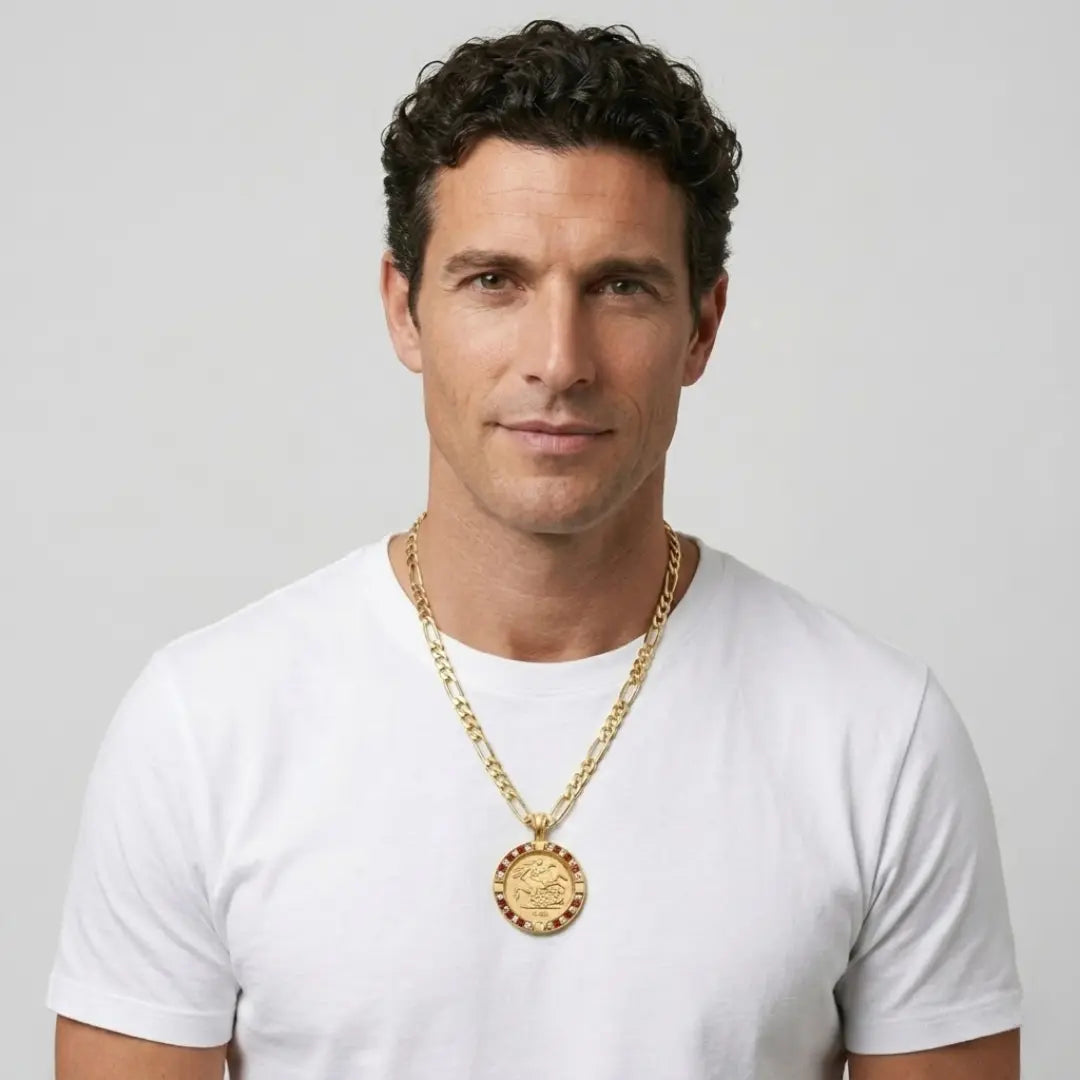 Gold Filled Customized Full Sovereign Pendant Necklace With Ruby & CZ