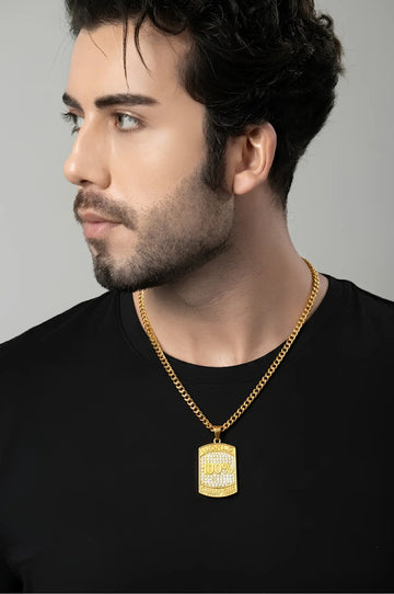 18K Gold Filled World 100% Champion Dog Tag Pendant Necklace – Iced Out Pavé CZ Curb Link Chain Necklace for Men & Women