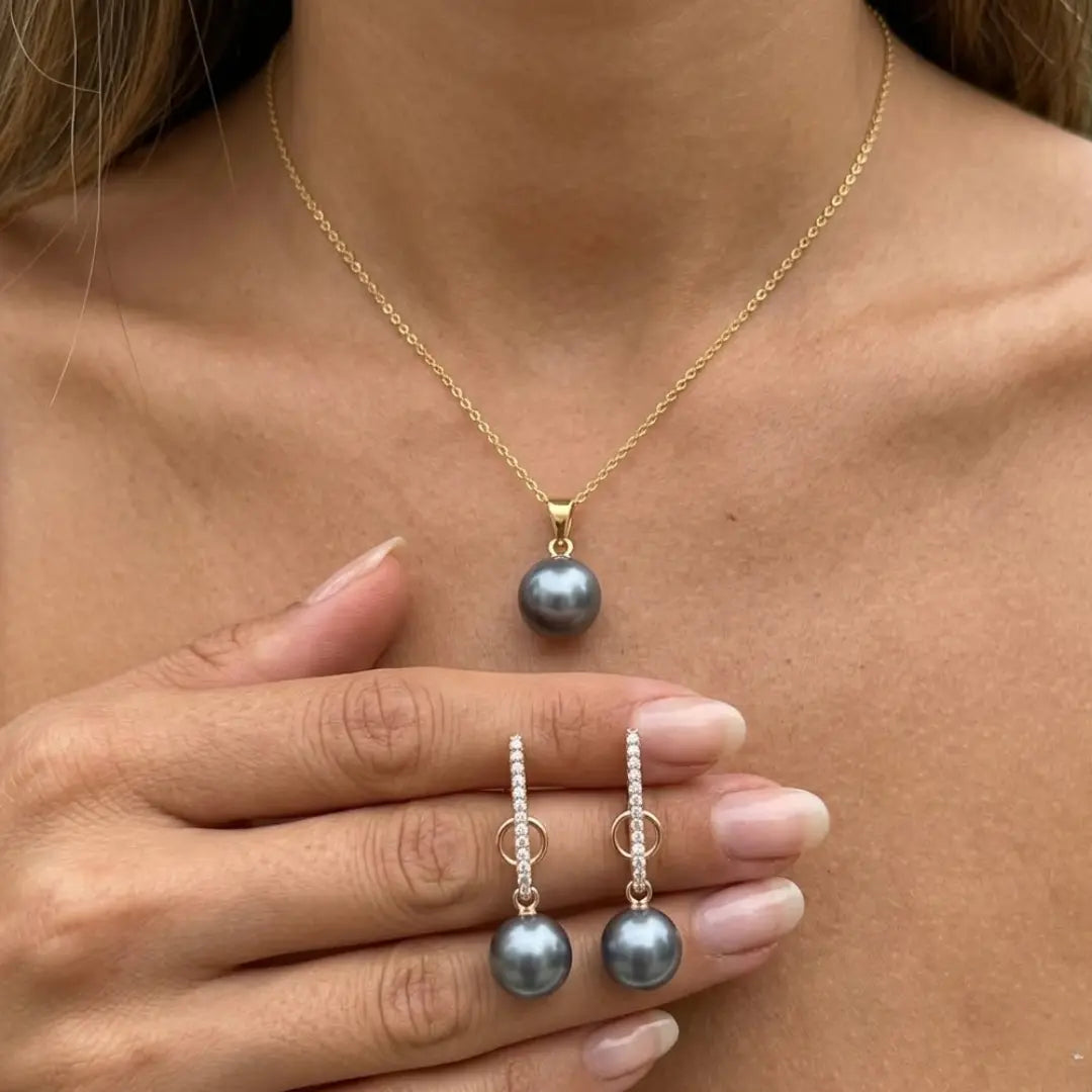 18K Gold Filled Hawaiian Grey & Brown Pearl Set