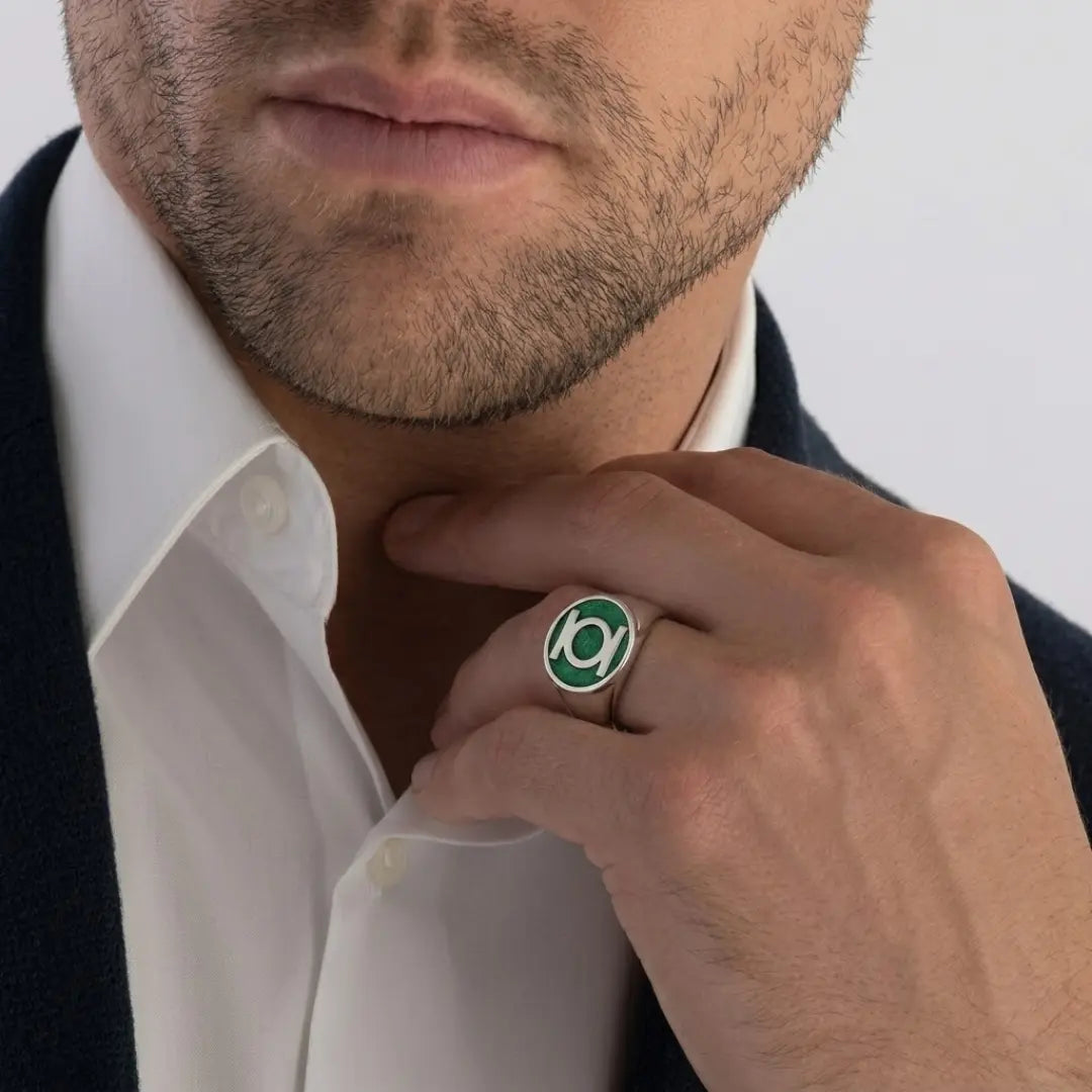 Stainless Steel Silver Green Emerald Emblem  Ring