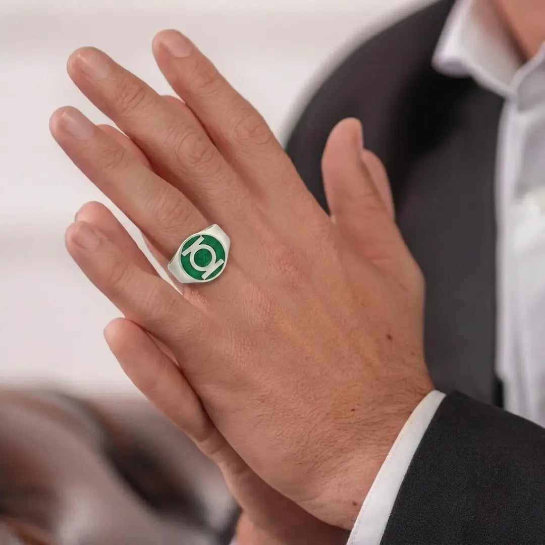 Stainless Steel Silver Green Emerald Emblem  Ring