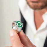 Stainless Steel Green Emerald Lantern Emblem Signet Ring – Metallic Green Enamel Hero Insignia Ring for Men & Women